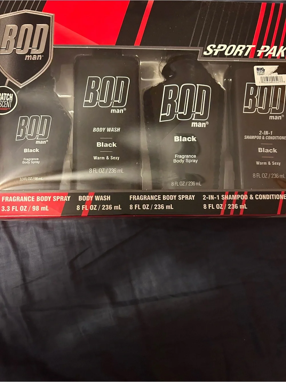 BOD Man BLACK Sport Pak; Shampool 8 oz, Body Wash 8 oz, Body Sprays 8oz & 3.5